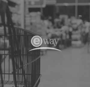 The E-Way logo on top of a blurred background image.
