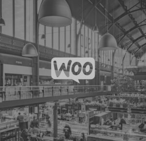 Woo logo on top of a busy market background.